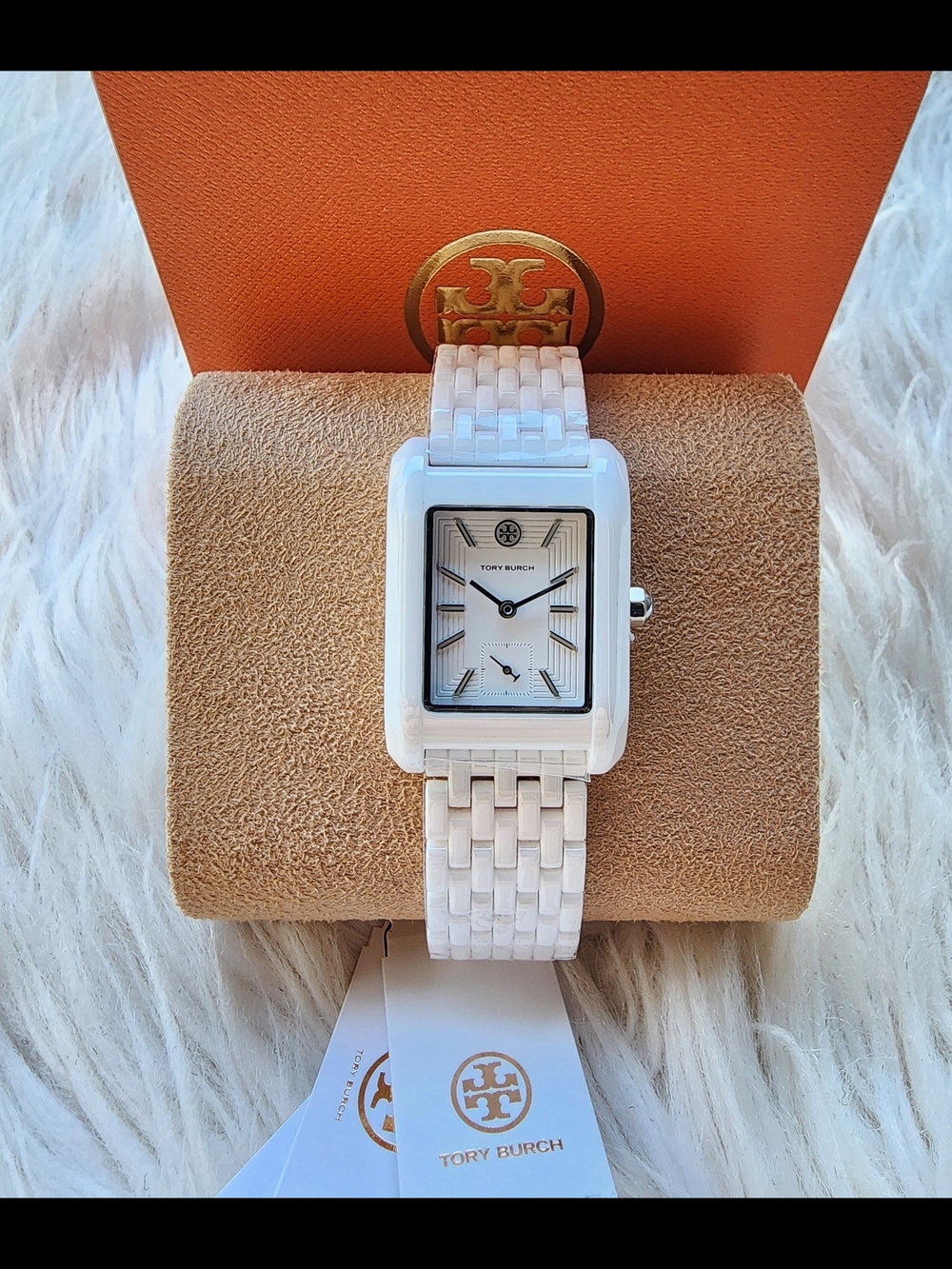 Tory Burch Women's White Ceramic Square Link Watch Original Brand New